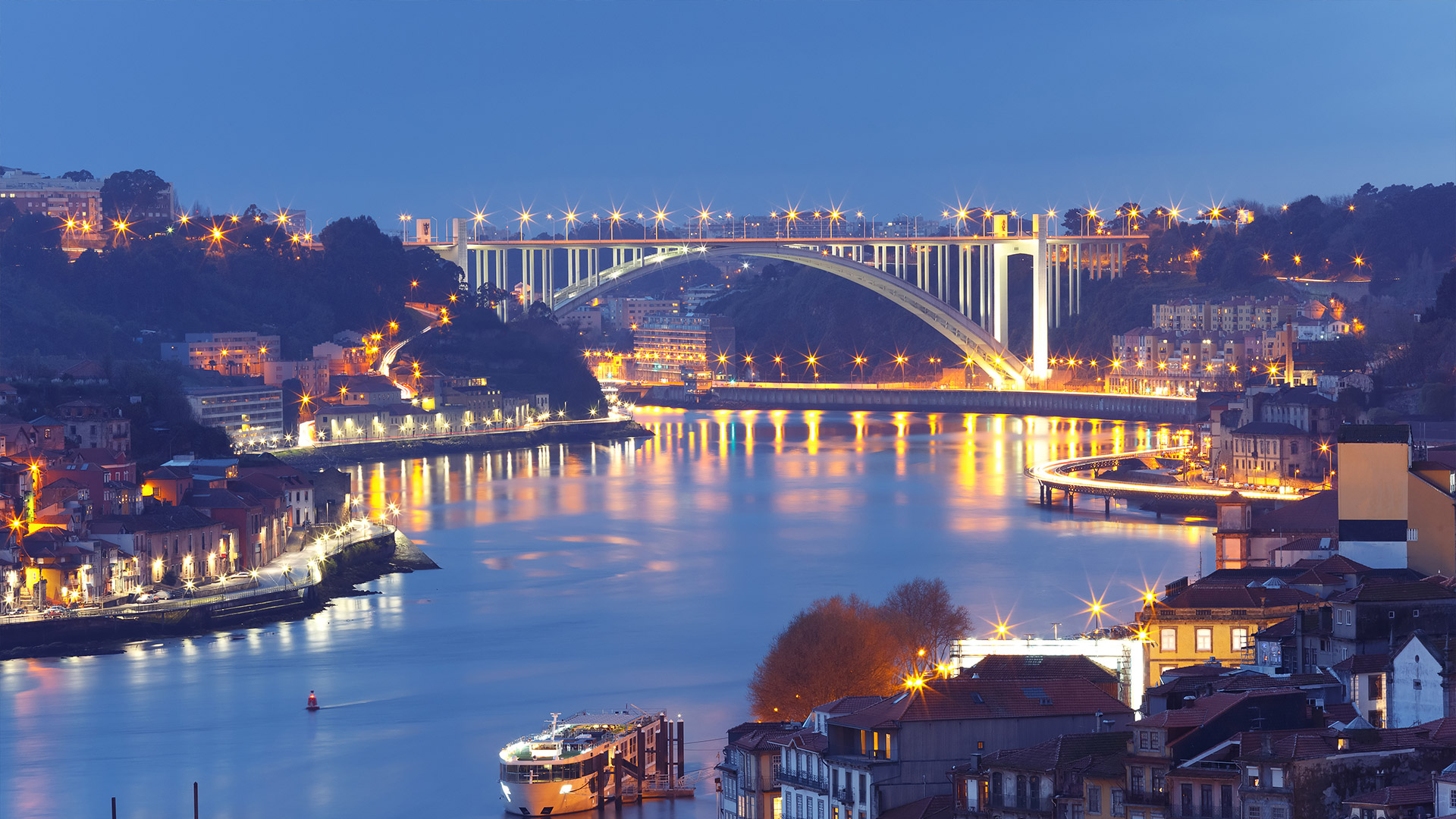 Aerial view of the city of Porto with the Dom Luís I Bridge and the Douro River