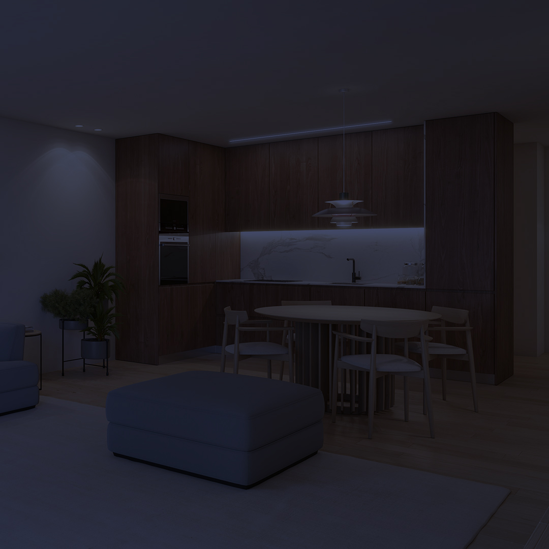 Interior de apartamento do empreendimento Prestige Living, no Porto. Com forte filtro azul